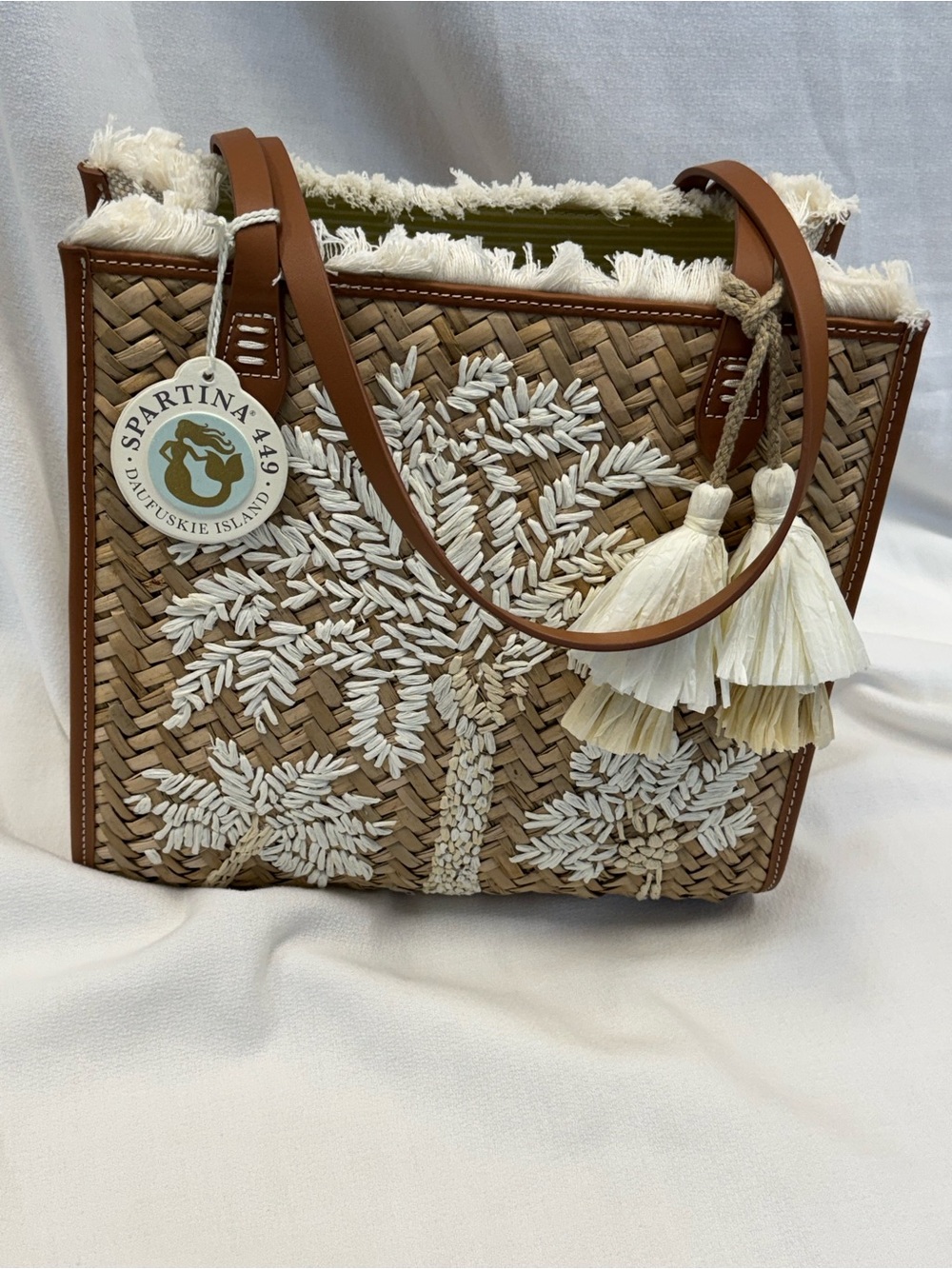 Spartina 449 Tan & White Embroidered Woven Palm Tassel Tote